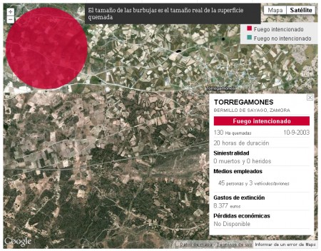 Google Maps muestra el área del Incendio intencionado en Torregamones. Fecha: 2003/09/10. (Fuente: España en Llamas, Fundación CIVIO)