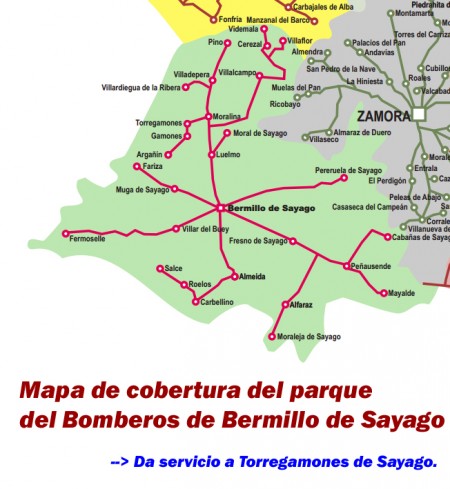 2012/08/29. Mapa de cobertura del parque de bomberos de Bermillo (da servicio a Torregamones)
