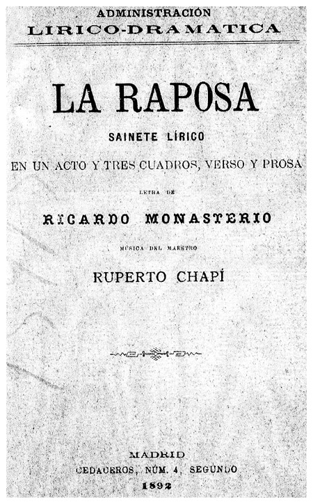 portada de la edición impresa en 1892 de la Raposa, zarzuela de Chapí