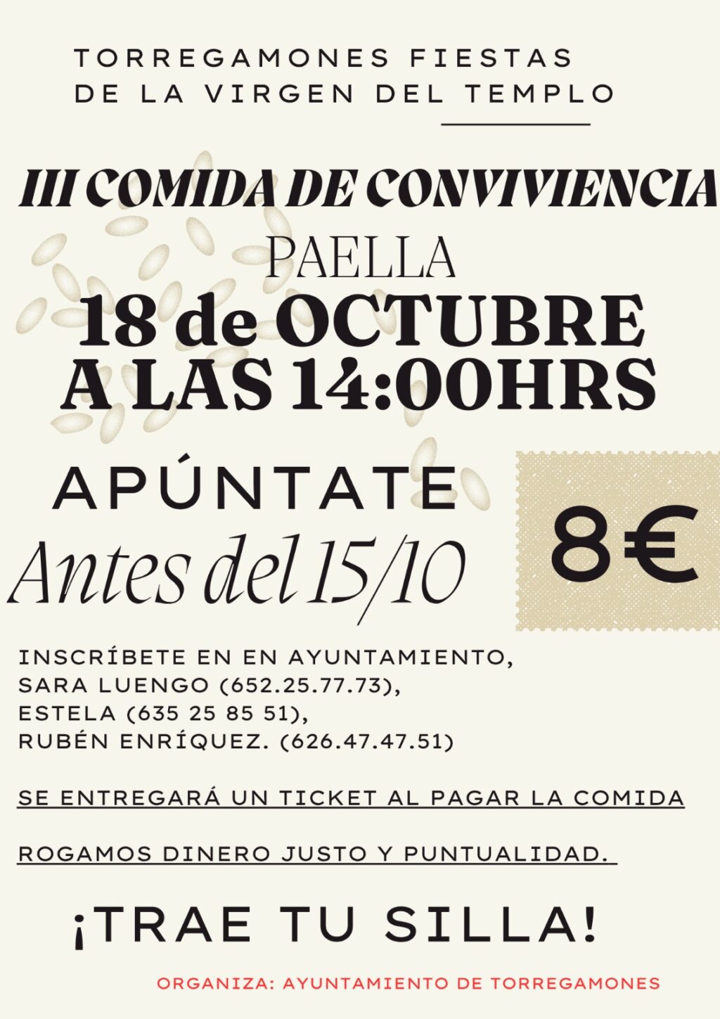Fiestas del Templo. 18 de octubre de 2025. 3ª comida de convivencia (paella) 18 de octubre de 2025 a las 14 horas. Apúntate antes del día de octubre y trae tu silla. 8 €