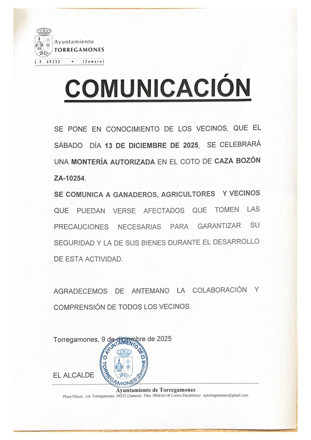 2025-12-13. Ayto. Torregamones: montería autorizada en Coto de Bozón