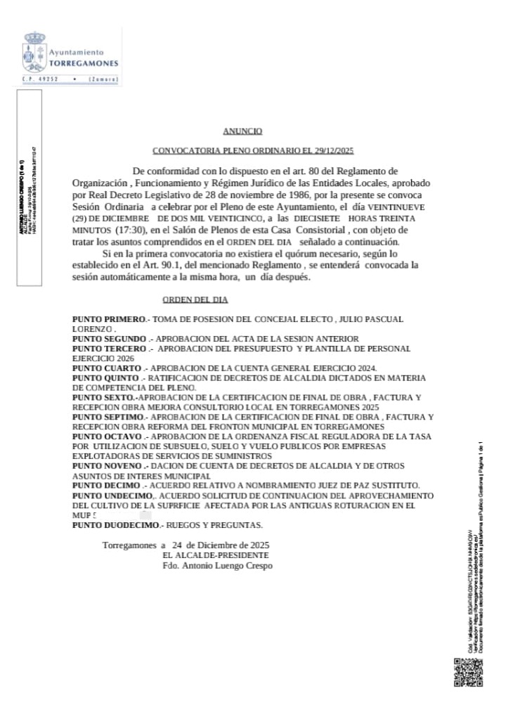 2025-12-29. Convocatoria Pleno Ordinario Ayto. Torregamones