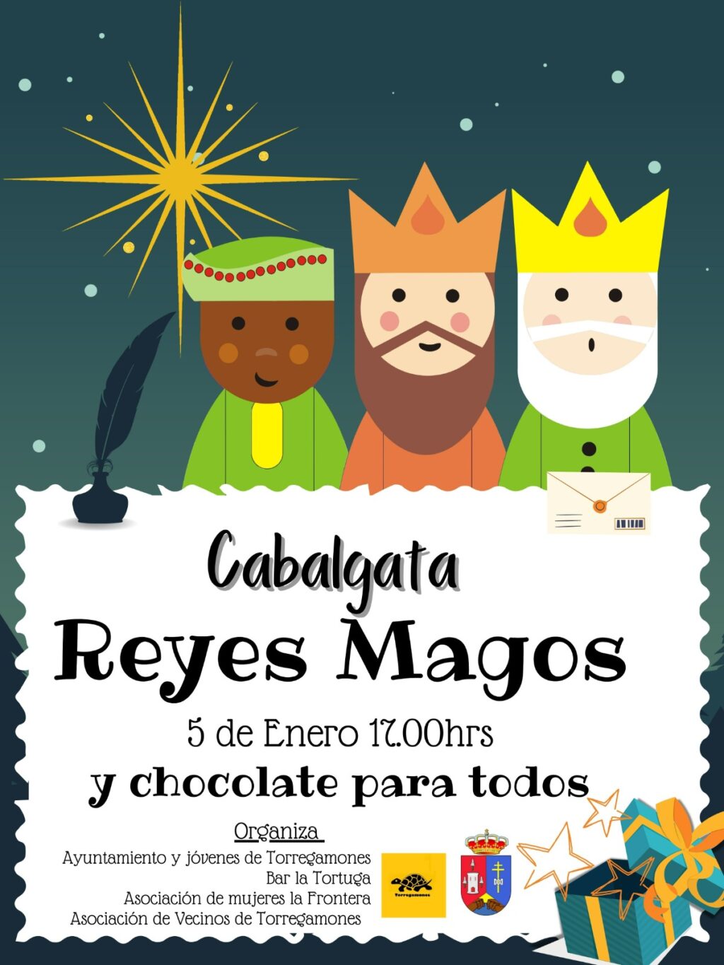 Cabalgata de Reyes Magos en Torregamones y chocolate para todos. 5 de enero de 2026, 17 horas.