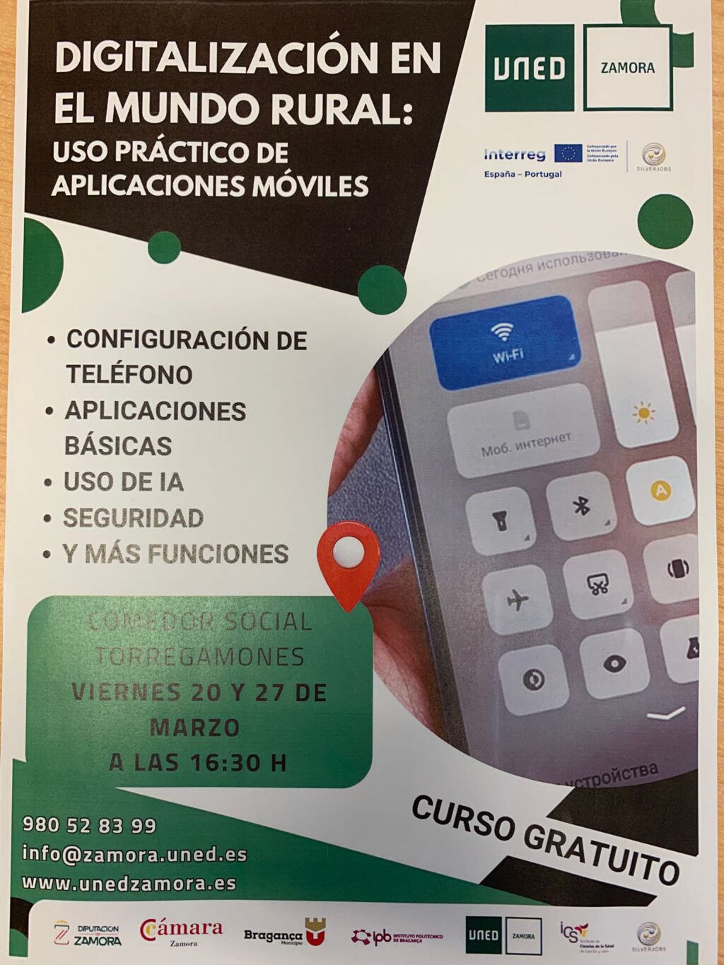 Curso gratuito uso práctico aplicaciones móviles en Torregamones (20 y 27 marzo 2026, 16:30 h. - Info: Teléfono: 980 52 83 99, correo: info@zamora.uned.es)