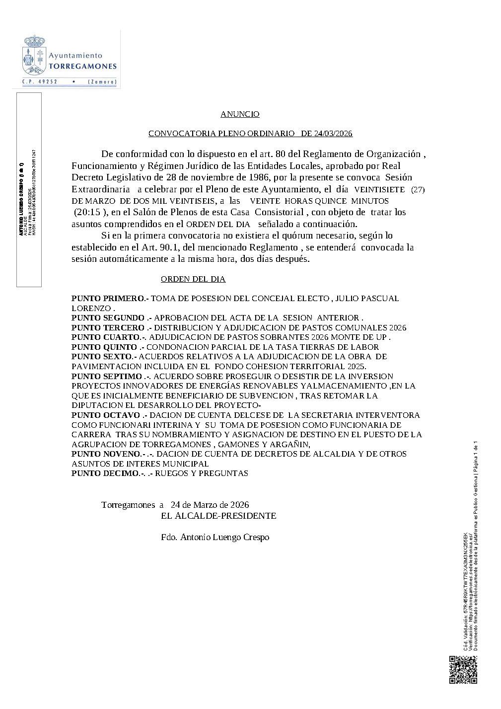 Anuncio Pleno ordinario 27-03-2026. Ayto. Torregamones