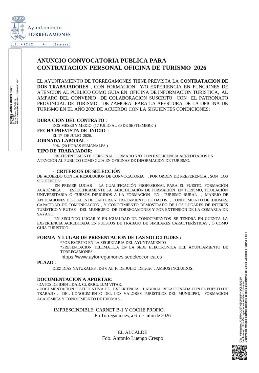 Anuncio Convocatoria pública para contratación de personal para la ofician de turismo de torregamones 2026
