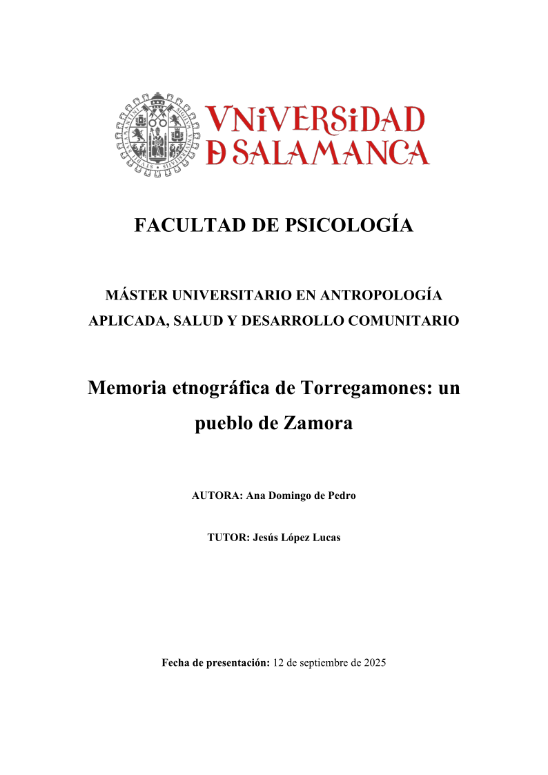 Portada de la Memoria etnográfica de Torregamones: un pueblo de Zamora (por Ana Domingo de Pedro)