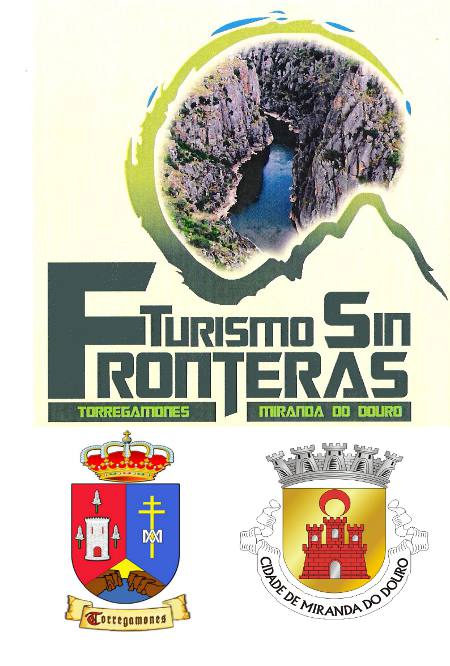 Turismo sin Fronteras. Primer Convenio de cooperación suscrito entre los municipios de Torregamones (España) y Miranda Do Douro (Portugal). Logotipo formado por el cañón del Duero recortado. Escudos de ambos municipios